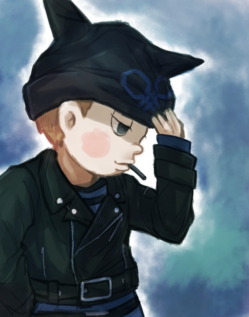 1boy animal_ear_headwear animal_ears arms_on_knees beanie black_footwear black_headwear black_jacket black_pants black_sleeves blood blue_pants blush_stickers boots brown_hair cat_ears chain chiimako covered_mouth crossed_arms cuffs curled_up danganronpa_(series) danganronpa_v3:_killing_harmony fake_animal_ears fingernails from_side full_body grey_background grey_eyes half-closed_eyes hat hoshi_ryoma jacket knees_up leather leather_jacket long_sleeves male_focus pants pink_blood short_hair simple_background solo striped_clothes striped_pants tearing_up two-tone_background two-tone_pants very_short_hair