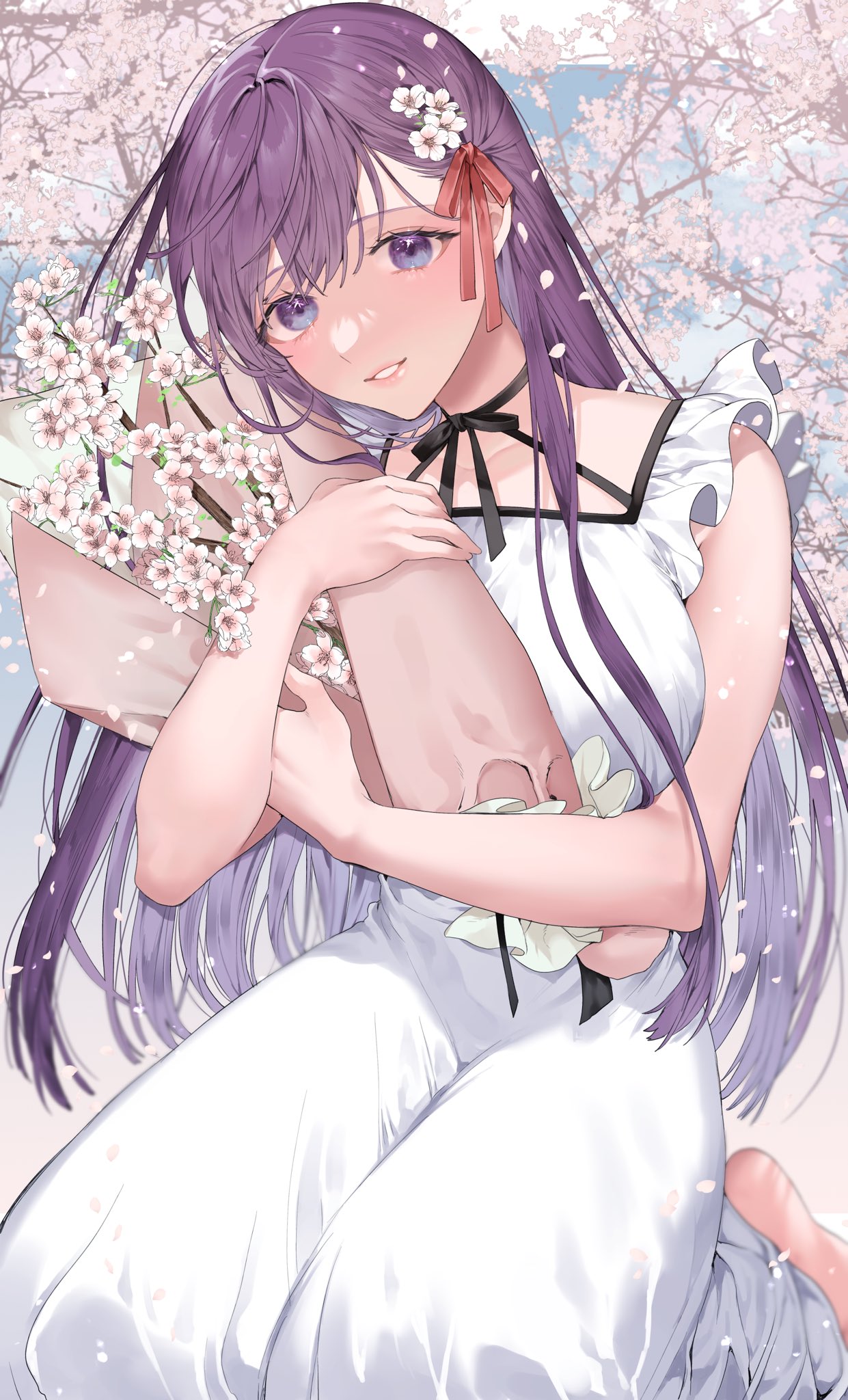 1girl barefoot blue_eyes bouquet commentary_request dress fate/stay_night fate_(series) flower hair_flower hair_ornament hair_ribbon highres holding holding_bouquet long_hair looking_at_viewer matou_sakura purple_hair red_ribbon ribbon shimatori_(sanyyyy) sitting sleeveless sleeveless_dress smile solo white_dress