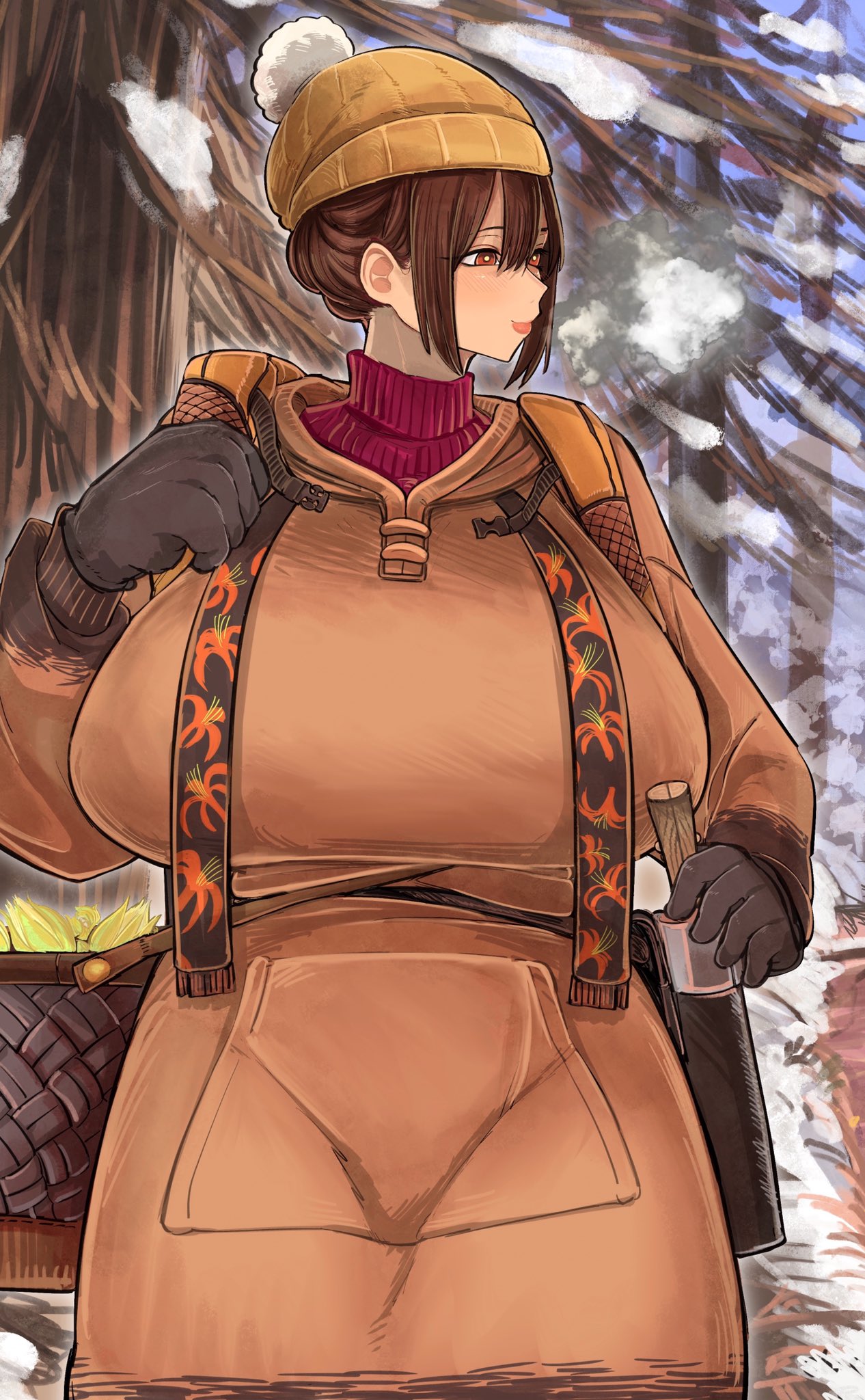 1girl beanie breasts bright_pupils brown_hair chichi8181 double-parted_bangs forest gloves hair_between_eyes hat highres huge_breasts long_hair nature original outdoors pink_lips red_eyes sidelocks snow solo standing sweater takanashi_akiho turtleneck turtleneck_sweater white_pupils winter_clothes