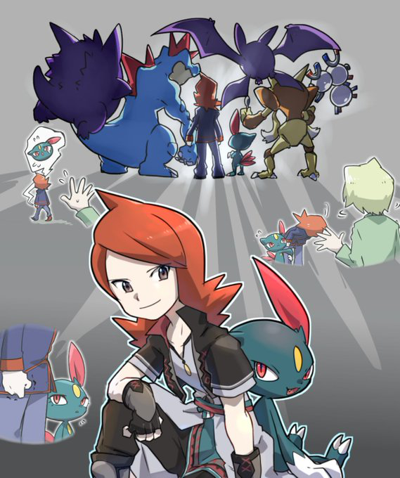 alakazam bat_wings bowing claws clenched_hand commentary_request crobat fang feraligatr fingerless_gloves gengar gloves grey_background leg_grab magneton male_focus multiple_views official_alternate_costume okiza_yuuri pokemon pokemon_(creature) pokemon_hgss pokemon_masters_ex redhead silver_(pokemon) silver_(sygna_suit)_(pokemon) sneasel standing tail wings