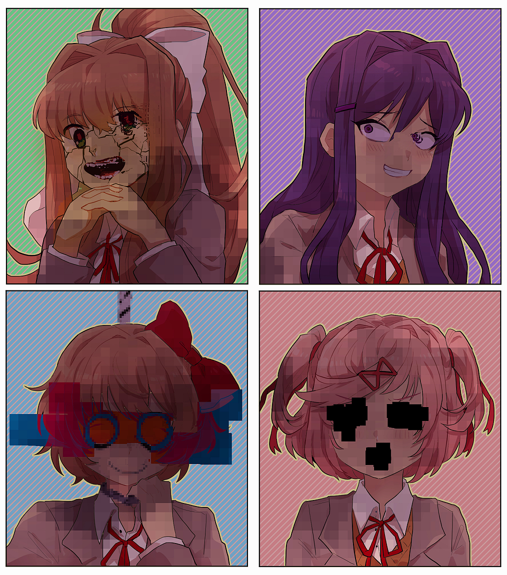4girls :d ^_^ averting_eyes blue_background blush border bow brown_hair brown_vest chiimako closed_eyes closed_mouth collared_shirt commentary_request doki_doki_literature_club dress_shirt eyelashes fang glitch green_background green_eyes grey_jacket hair_between_eyes hair_bow hair_intakes hair_ornament hair_ribbon hairclip hand_up hands_up hanged high_ponytail horror_(theme) interlocked_fingers jacket lapels long_hair long_sleeves looking_at_viewer monika_(doki_doki_literature_club) multiple_girls natsuki_(doki_doki_literature_club) neck_ribbon open_mouth own_hands_together pink_background pink_eyes pink_hair ponytail purple_background purple_hair raised_eyebrows red_bow red_ribbon ribbon sayori_(doki_doki_literature_club) school_uniform shirt short_hair sidelocks sideways_glance simple_background smile spoilers striped_background sweater_vest swept_bangs teeth two_side_up upper_body upper_teeth_only v-shaped_eyebrows vest violet_eyes white_border white_bow white_shirt wing_collar x_hair_ornament yuri_(doki_doki_literature_club)