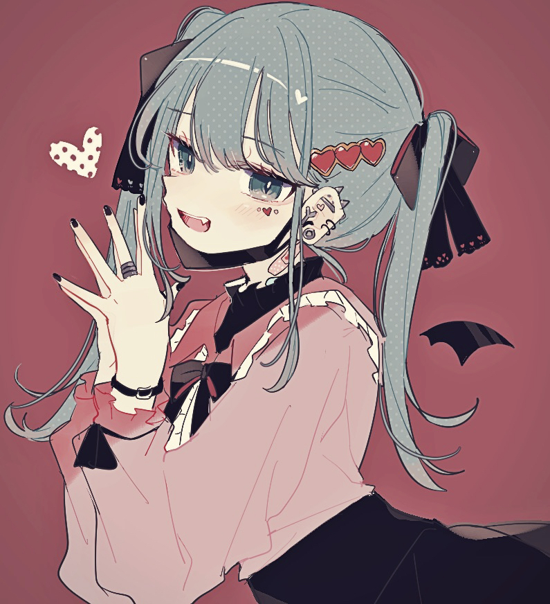 1girl aqua_eyes aqua_hair bandaid bandaid_on_neck bat_wings black_bracelet black_mask black_nails black_ribbon black_skirt black_wings blush bracelet bright_pupils ear_piercing facial_mark fang frilled_shirt frills hair_ornament hair_ribbon hatsune_miku heart heart_hair_ornament jewelry kino-cands light_smile long_hair long_sleeves looking_at_viewer mask mini_wings mouth_mask open_mouth own_hands_together piercing pink_shirt red_background ribbon shirt single_wing skirt solo spiked_ear_piercing teeth turtleneck twintails upper_teeth_only vampire_(vocaloid) vocaloid white_pupils wings
