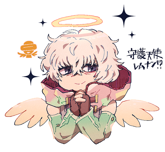 1boy bags_under_eyes bare_shoulders chiimako detached_sleeves fingerless_gloves gloves gnosia grey_eyes grey_hair hair_between_eyes halo hood looking_at_viewer remnan_(gnosia) short_hair simple_background solo translation_request violet_eyes white_background white_wings wings