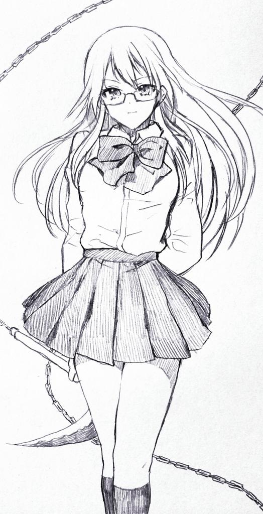 1girl amamiya_sakurako chain closed_mouth glasses greyscale holding holding_weapon long_hair long_sleeves looking_at_viewer monochrome murata_tefu neckerchief pleated_skirt psyren school_uniform sickle simple_background skirt smile solo weapon white_background