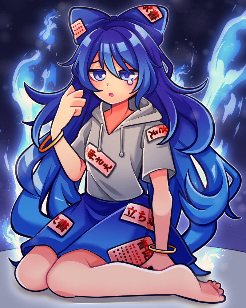 1girl 1jumangoku bare_legs barefoot blue_bow blue_eyes blue_fire blue_hair blue_skirt blush_stickers bow burning clenched_hand clouds cloudy_sky commentary_request debt fire full_body gold_bracelet grey_hood grey_hoodie grey_sleeves hair_bow hood hood_down hoodie kneeling long_hair looking_at_viewer miniskirt open_mouth outline raised_eyebrows short_sleeves skirt sky solo tearing_up toes touhou very_long_hair white_outline yorigami_shion