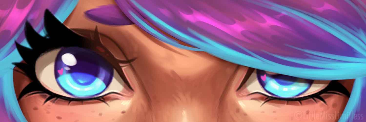 1girl artist_name blue_eyes blue_hair close-up eye_focus eyelashes freckles heart jpeg_artifacts league_of_legends lillia_(league_of_legends) long_eyelashes looking_at_viewer misseslimitless multicolored_hair pink_hair solo