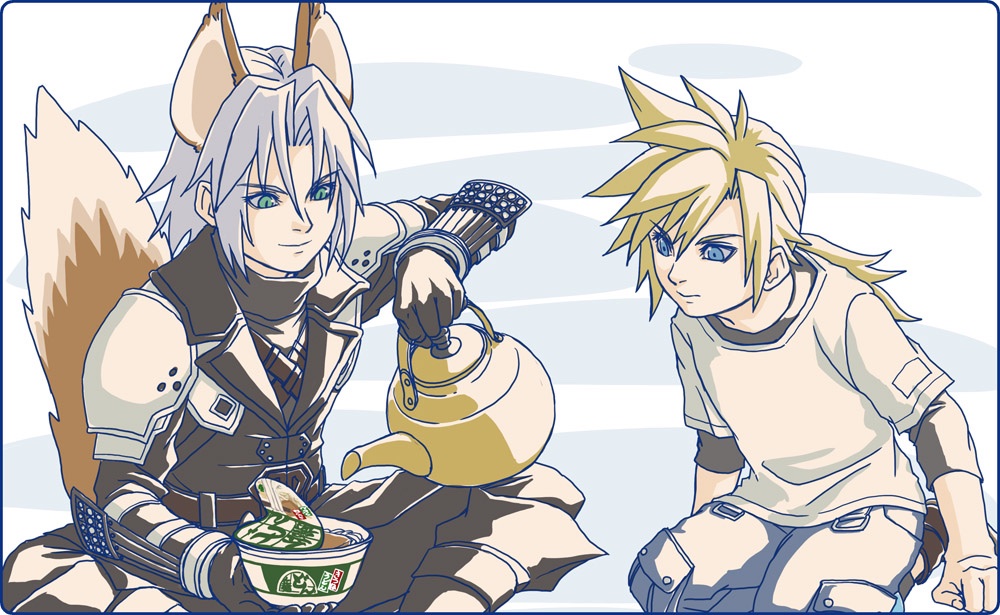 2boys aged_down animal_ears arm_armor arm_guards arm_up armor belt black_coat black_footwear black_gloves black_pants blonde_hair blue_eyes blue_pants boots brown_footwear clenched_hand cloud_strife coat commentary donbee_(food) donbee_kitsune_udon final_fantasy final_fantasy_vii final_fantasy_vii_ever_crisis fox_boy fox_ears fox_tail gai012 gloves green_eyes grey_hair hands_up holding_kettle instant_udon kemonomimi_mode kettle kitsune_udon knee_boots kneeling layered_sleeves long_hair looking_down low_ponytail male_focus medium_hair multiple_boys pants parted_bangs pauldrons sephiroth shirt shoulder_armor sitting slit_pupils smile spiky_hair tail upper_body white_shirt