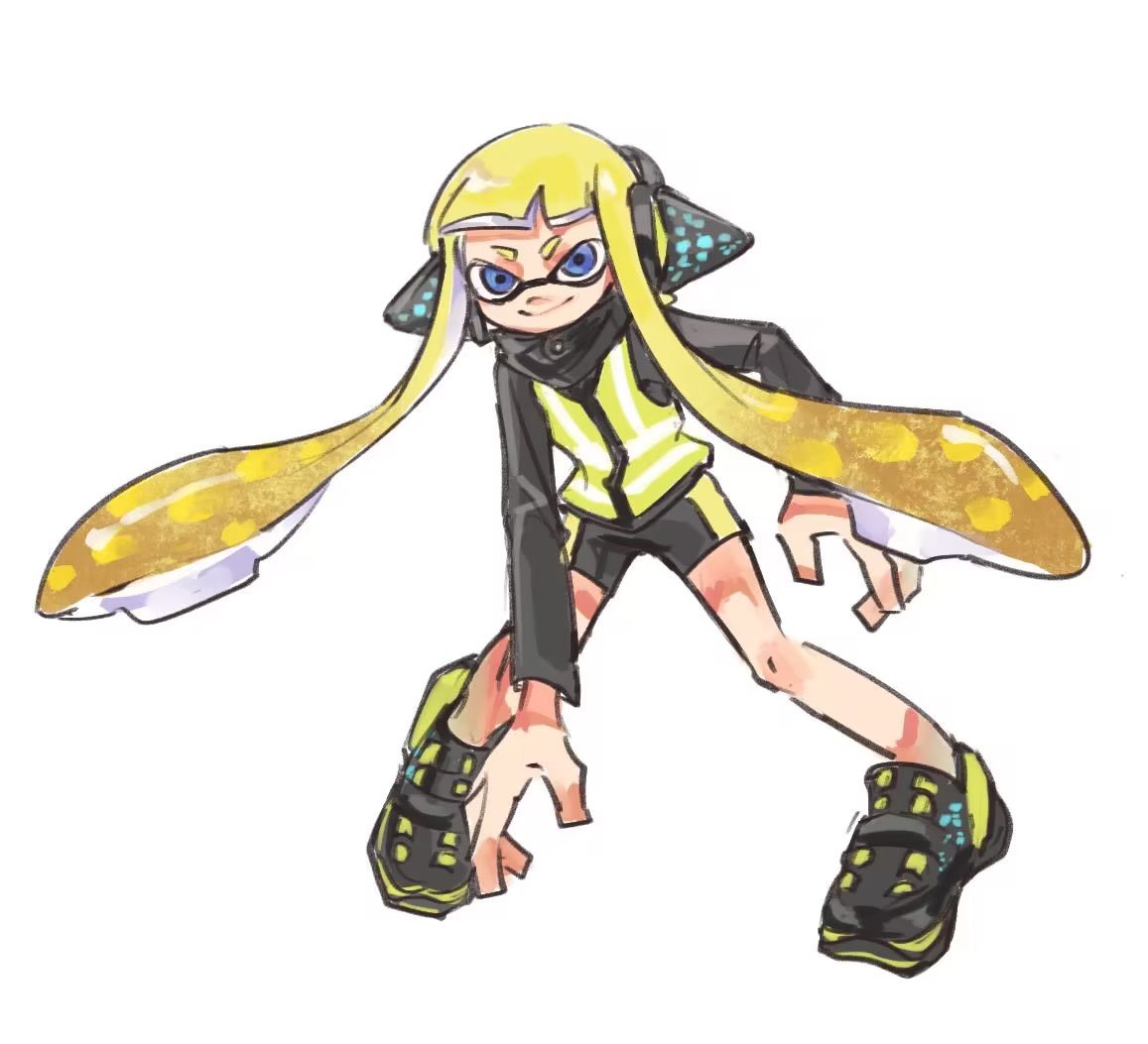 1girl agent_3_(splatoon) bike_shorts black_shirt blonde_hair blue_eyes closed_mouth full_body headgear high-visibility_vest inkling inkling_girl inkling_player_character long_hair long_sleeves shirt shoes simple_background smile solo splatoon_(series) splatoon_1 suction_cups tentacle_hair thenintlichen96 very_long_hair white_background