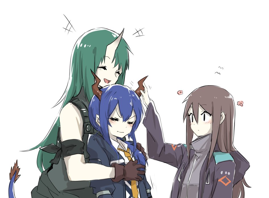 3girls angry arknights black_jacket blue_hair brown_hair ch'en_(arknights) closed_eyes collared_shirt commentary_request doctor_(arknights) dragon_girl dragon_horns dragon_tail embarrassed female_doctor_(arknights) gloves green_hair grey_shirt hands_up happy horns hoshiguma_(arknights) hug hug_from_behind jacket long_hair multiple_girls necktie nejikyuu open_mouth petting restrained shirt short_hair simple_background single_horn smile tail white_background white_shirt yellow_necktie