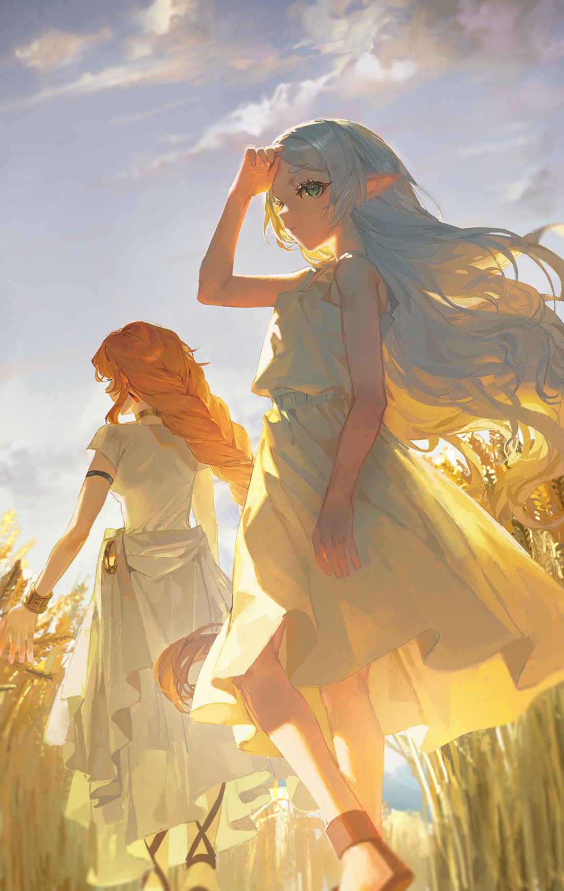 2girls clouds cloudy_sky dress elf flamme_(sousou_no_frieren) frieren from_behind highres long_hair looking_at_viewer looking_back multiple_girls orange_hair pointy_ears quasarcake sandals sky sousou_no_frieren very_long_hair wheat white_dress white_hair