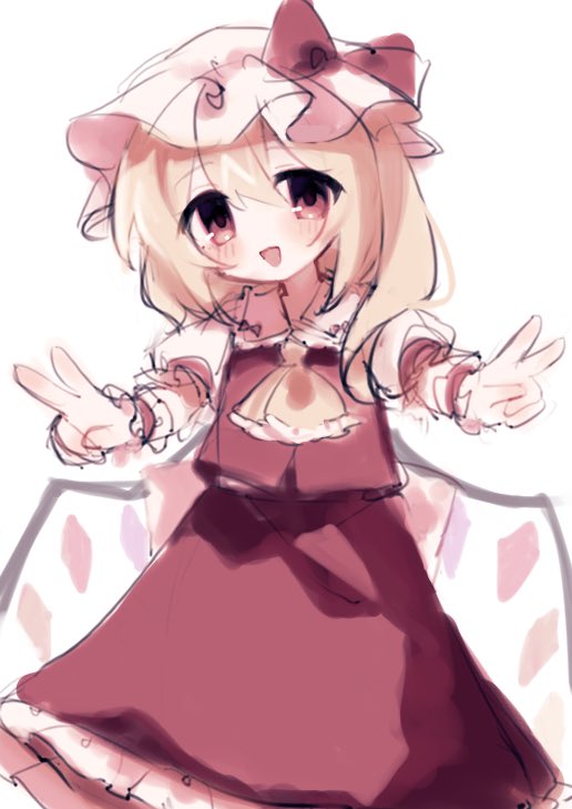 1girl ascot blonde_hair bow chicachang crystal flandre_scarlet gesture hat hat_bow hat_ribbon mob_cap one_side_up open_mouth puffy_short_sleeves puffy_sleeves red_eyes red_skirt red_vest ribbon short_sleeves side_ponytail skirt skirt_set solo touhou vest white_headwear wings yellow_ascot