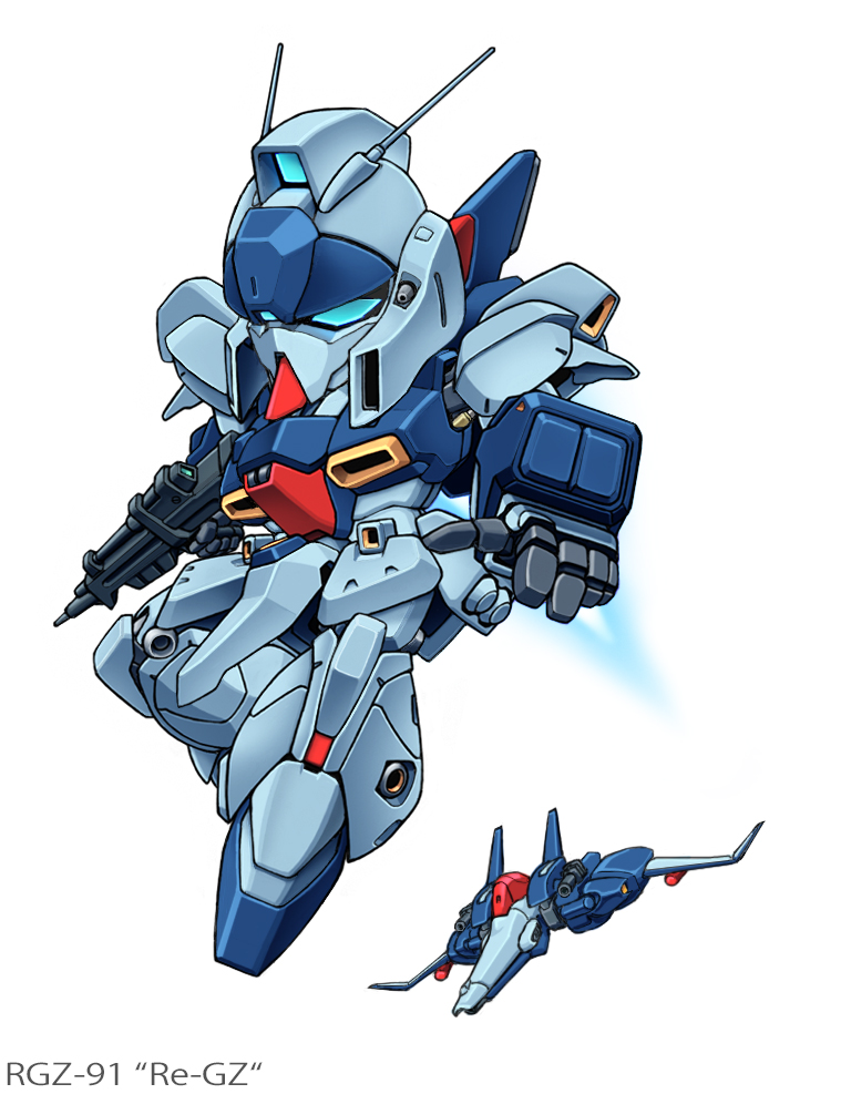 aircraft airplane blue_eyes char's_counterattack character_name deformed fighter_jet gun gundam holding holding_gun holding_weapon jet mecha military_vehicle mobile_suit multiple_views no_humans noah_noah re-gz robot science_fiction simple_background weapon white_background