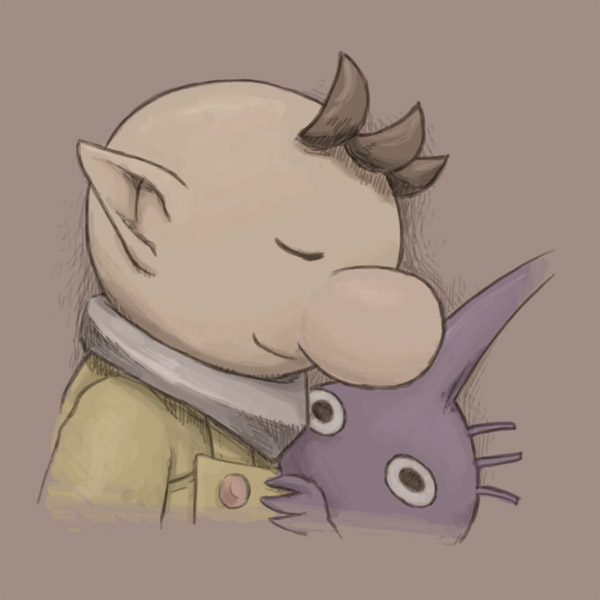 1boy big_nose black_eyes brown_background brown_hair buttons closed_eyes closed_mouth colored_skin commentary_request cropped_torso hand_on_another's_chest male_focus naru_(wish_field) no_headwear no_mouth olimar pikmin_(creature) pikmin_(series) pointy_ears purple_hair purple_pikmin purple_skin short_hair simple_background smile spacesuit very_short_hair