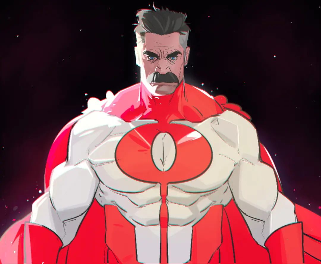 1boy bodysuit frown invincible_(series) large_pectorals liyamou looking_at_viewer male_focus multicolored_hair muscular muscular_male old old_man omni-man pectorals red_bodysuit serious short_hair solo space straight-on thick_mustache two-tone_bodysuit two-tone_hair upper_body white_bodysuit wrinkled_skin