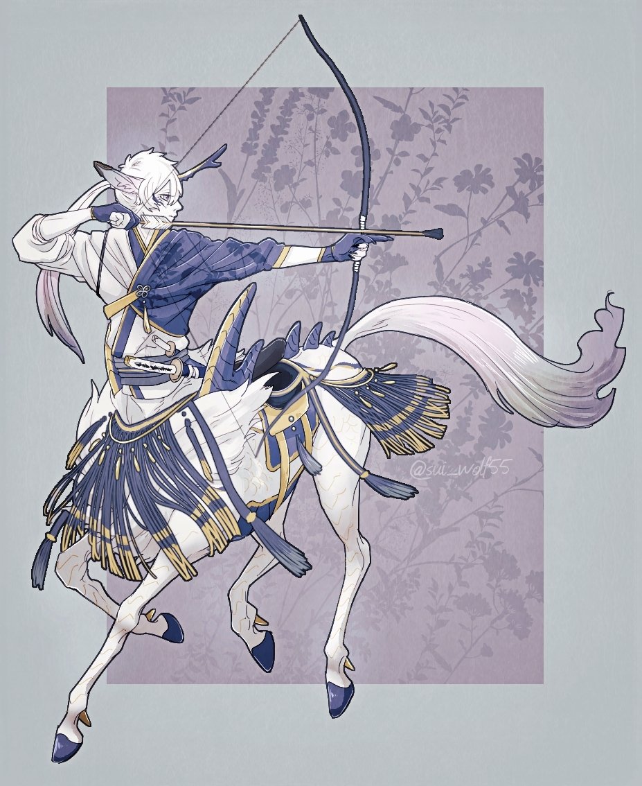1boy animal_ear_fluff animal_ears antlers arrow_(projectile) blue_gloves bow_(weapon) centauroid commentary drawing_bow facial_mark floral_background floral_print fringe_trim full_body gloves hands_up holding holding_bow_(weapon) holding_weapon horns japanese_clothes long_hair looking_to_the_side male_focus monster_boy multicolored_horns multiple_swords original outside_border outstretched_arm partially_fingerless_gloves ponytail profile purple_background saddle sash scales sensui_(sui_wolf55) sheath sheathed solo spikes standing sword symbol-only_commentary tack_(riding) tassel taur weapon white_hair