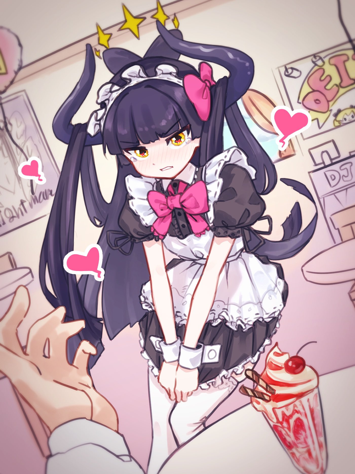 1girl alternate_costume apron black_hair black_horns blunt_bangs bow bowtie chuhoody clenched_teeth diein_(djmax) djmax djmax_respect dutch_angle enmaided hair_bow heart highres horns indoors looking_at_viewer maid maid_headdress parfait pink_bow pink_bowtie pov pov_hands puffy_short_sleeves puffy_sleeves short_sleeves solo_focus table tearing_up teeth thigh-highs white_apron white_thighhighs wrist_cuffs yellow_eyes