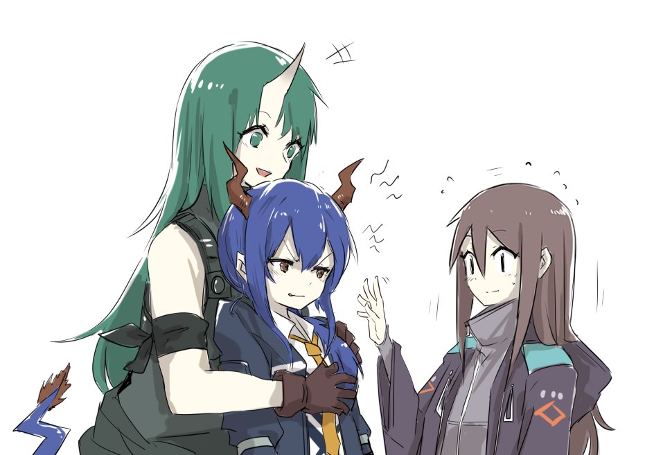 3girls angry arknights black_jacket blue_hair brown_hair ch'en_(arknights) collared_shirt commentary_request doctor_(arknights) dragon_girl dragon_horns dragon_tail female_doctor_(arknights) gloves green_eyes green_hair grey_shirt hands_up horns hoshiguma_(arknights) hug hug_from_behind jacket long_hair multiple_girls necktie nejikyuu open_mouth red_eyes restrained shaking shirt short_hair simple_background single_horn smile tail white_background white_shirt yellow_necktie