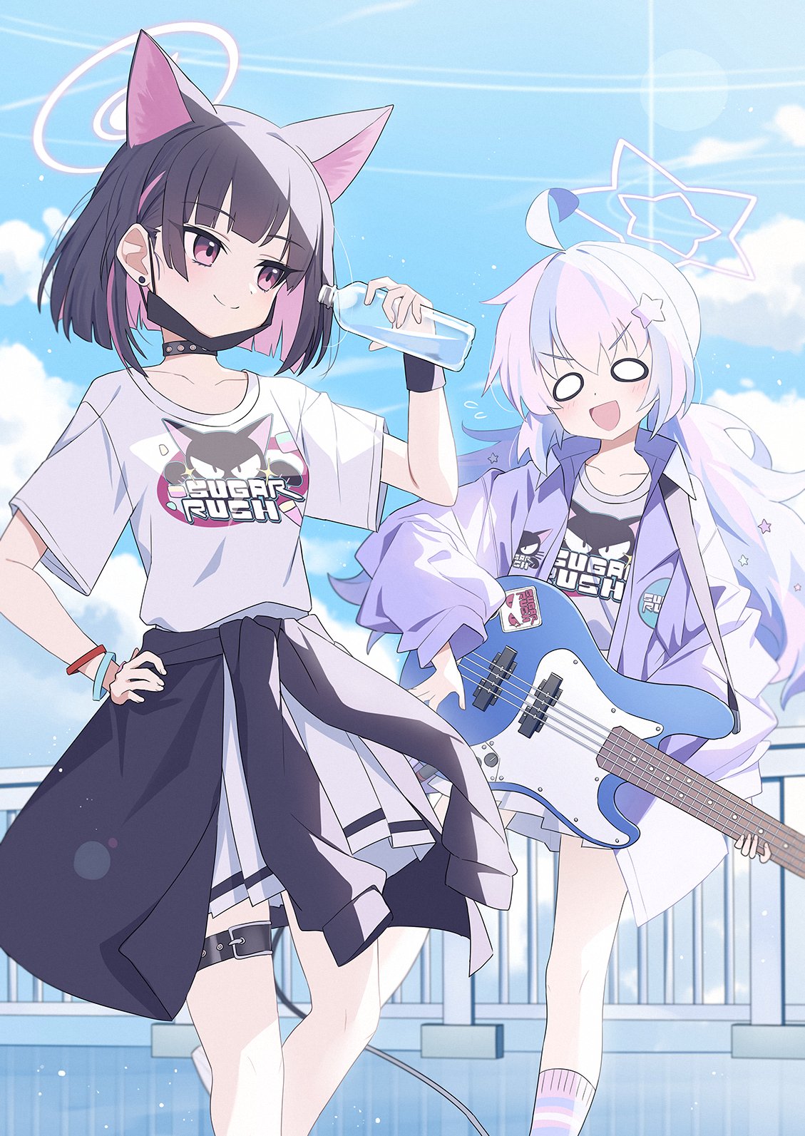 2girls ahoge alternate_costume animal_ears black_hair black_jacket black_mask blue_archive blue_sky blush bottle cat_ears cat_girl closed_mouth clothes_around_waist clouds cloudy_sky collarbone commentary electric_guitar extra_ears guitar halo hand_on_own_hip highres holding holding_bottle instrument jacket jacket_around_waist kazusa_(blue_archive) looking_at_another low_twintails mask_lift multiple_girls music o_o open_clothes open_jacket open_mouth pink_eyes pink_hair pink_halo plastic_bottle playing_instrument pleated_skirt print_shirt purple_jacket purple_shirt reisa_(blue_archive) shirt short_sleeves skirt sky smile star_halo symbol-only_commentary twintails v-shaped_eyebrows wagashi928 water_bottle white_skirt