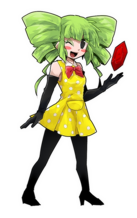 1girl black_gloves blush chiimako commentary dress drill_hair full_body gem gloves green_hair humanization mimi_(paper_mario) one_eye_closed open_mouth paper_mario personification polka_dot polka_dot_dress red_eyes red_gemstone sidelocks smile solo super_mario_bros. super_paper_mario twin_drills twintails yellow_dress