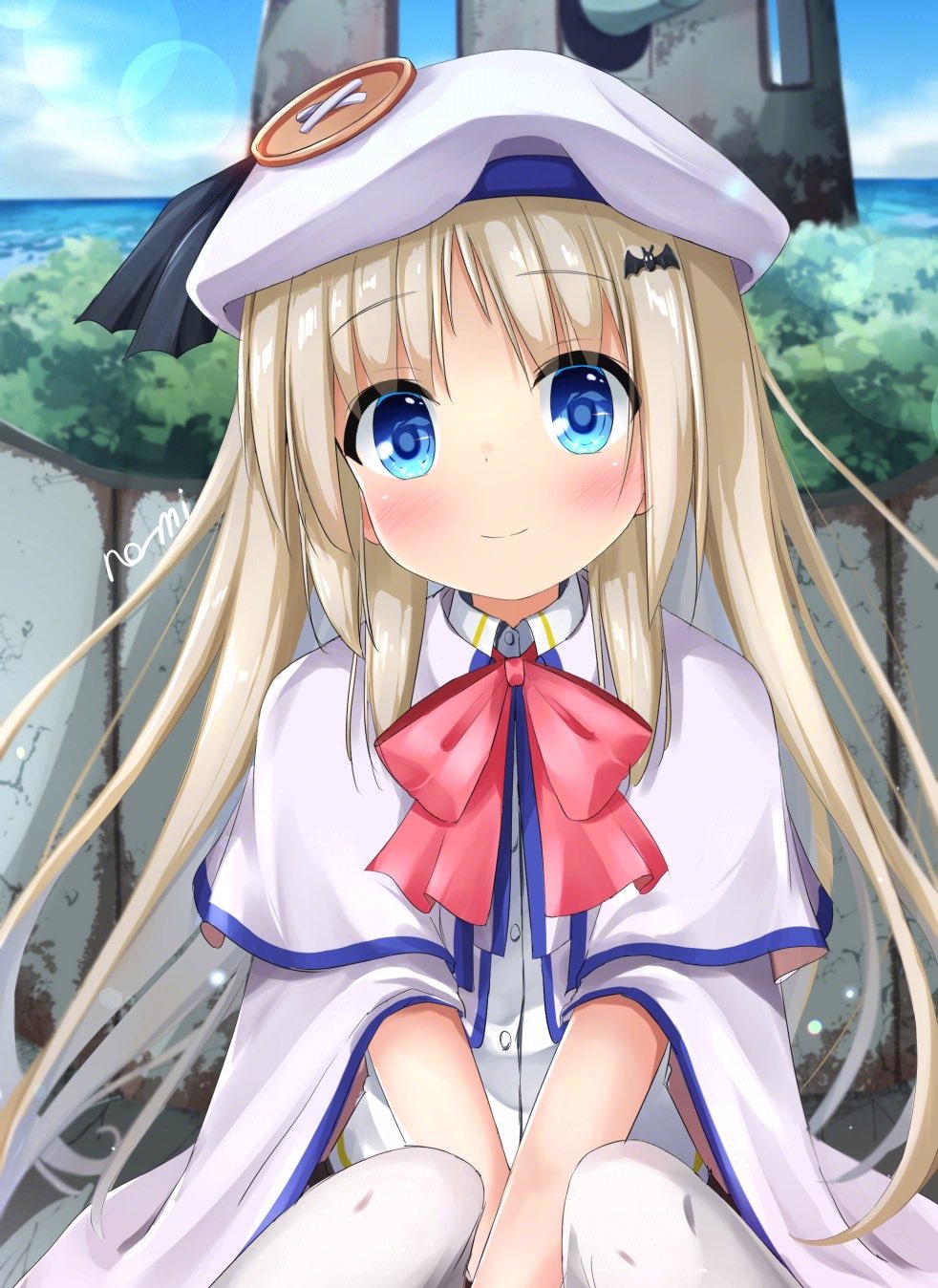 1girl beret between_legs blue_eyes blurry blurry_background cape closed_mouth clouds commentary_request hair_between_eyes hair_ornament hand_between_legs hat highres kudpoid_(71139) light_brown_hair little_busters! looking_at_viewer noumi_kudryavka ocean school_uniform sitting sky smile solo thigh-highs