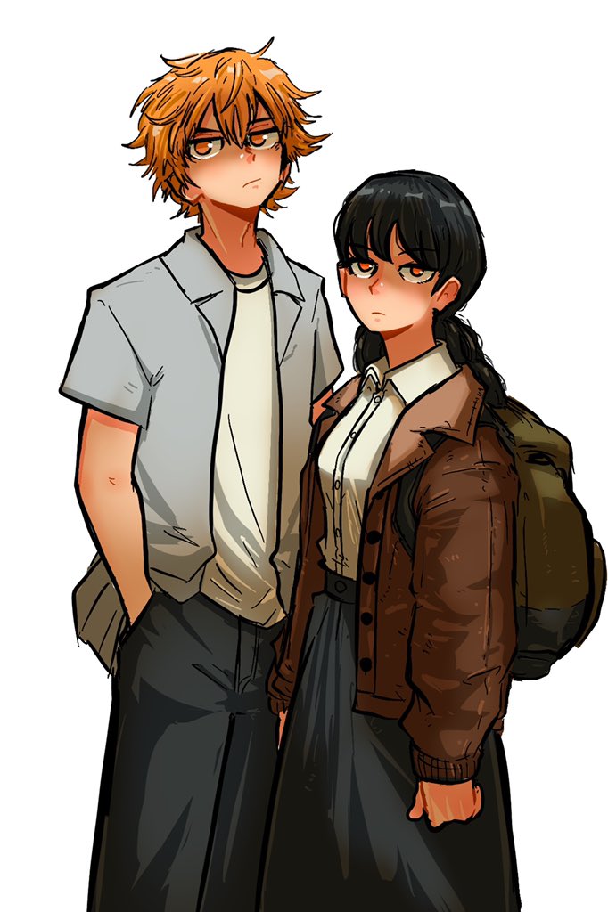 1boy 1girl backpack bag black_hair blonde_hair chainsaw_man closed_mouth collared_jacket collared_shirt denji_(chainsaw_man) hair_between_eyes hand_in_pocket jacket long_skirt long_sleeves looking_at_viewer low_twintails messy_hair mitaka_asa open_clothes open_jacket open_shirt orange_eyes shirt shirt_tucked_in short_sleeves skirt sonchapo twintails white_background white_shirt
