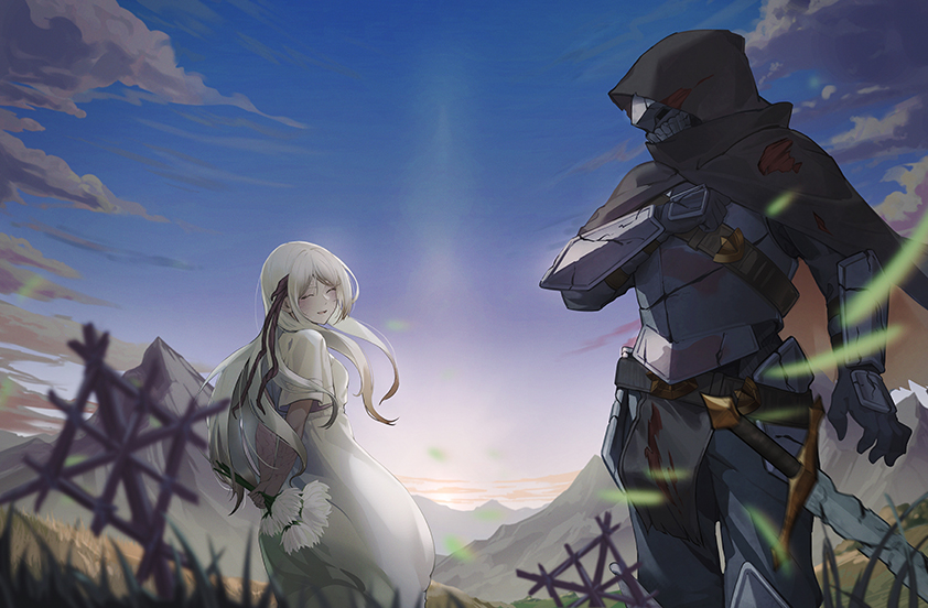 1boy 1girl armor black_cloak c-eye cloak closed_eyes clouds commission corruption dawn dress ender_lilies_quietus_of_the_knights flower full_armor holding holding_flower hood hood_up hooded_cloak knight lily_(ender_lilies) long_hair mountainous_horizon parted_lips pixiv_commission sky smile sword tendril umbral_knight_(ender_lilies) weapon white_dress white_flower white_hair