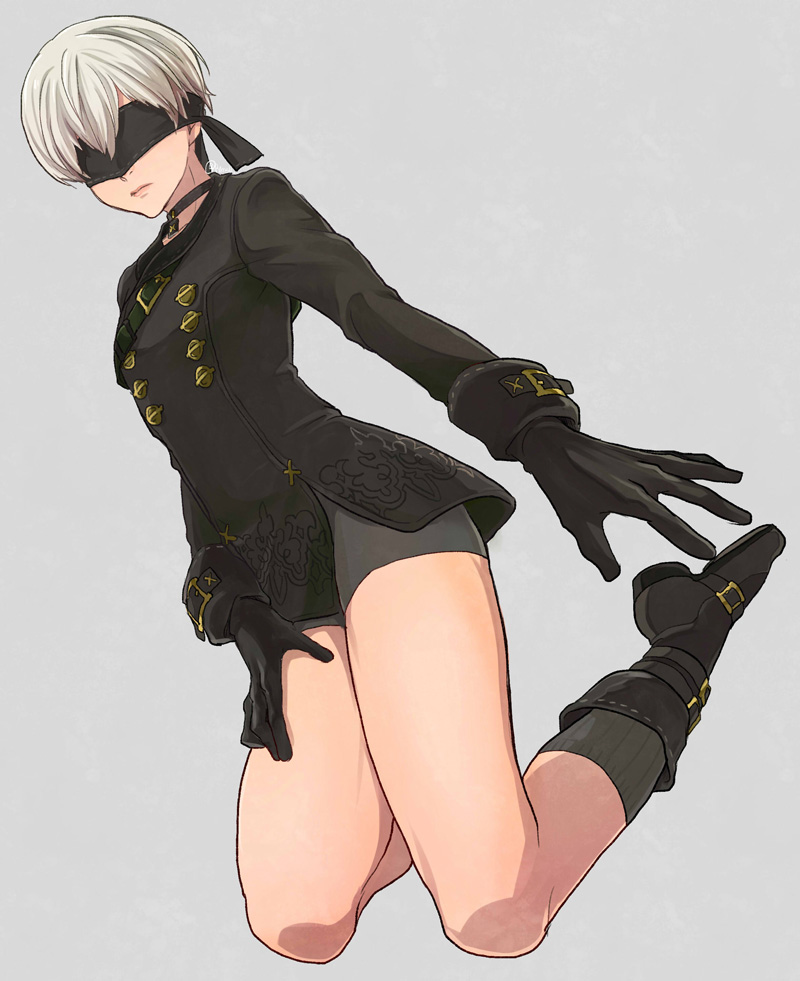 1boy 9s_(nier:automata) bishounen black_blindfold black_choker black_coat black_gloves blindfold choker closed_mouth coat from_below full_body gloves grey_background kneeling male_focus nier:automata nier_(series) payu_(pyms11) shoes shorts simple_background socks solo thighs white_hair