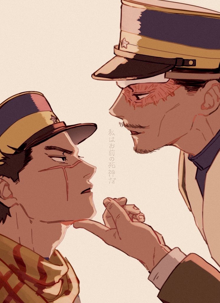 2boys black_eyes black_hair eye_contact facial_hair forehead_protector goatee golden_kamuy half-closed_eyes hand_on_another's_chin hat kepi long_sleeves looking_at_another male_focus military_hat military_uniform multiple_boys mustache protected_link scar scar_on_cheek scar_on_face scar_on_nose short_hair sugimoto_saichi tonta_(tonta1231) translation_request tsurumi_tokushirou unamused uniform