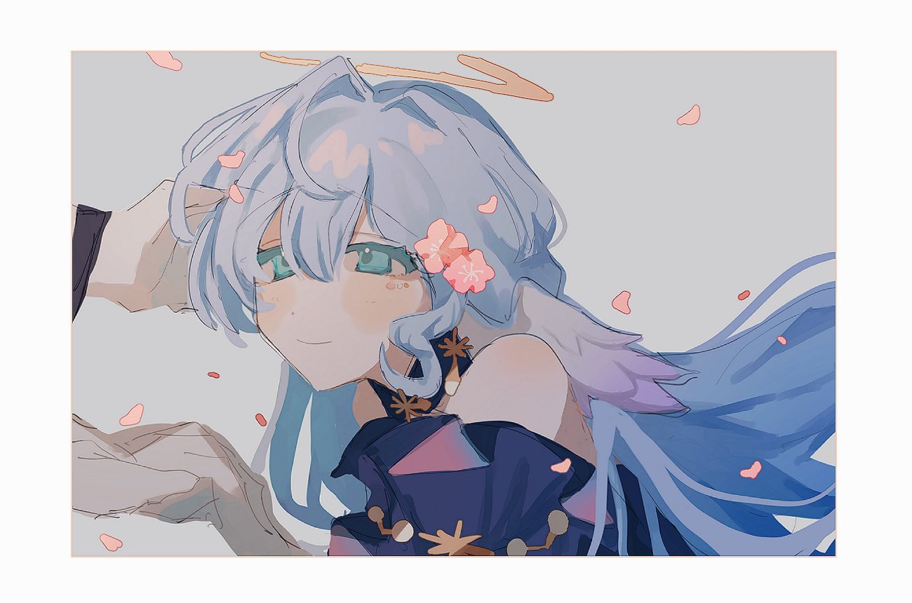 1girl 1other bare_shoulders blue_dress blue_eyes blue_hair blush border closed_mouth dress falling_petals flower hair_between_eyes hair_flower hair_ornament halo hand_on_another's_cheek hand_on_another's_face head_wings holding_hands honkai:_star_rail honkai_(series) inagoinaire looking_at_another off-shoulder_dress off_shoulder out_of_frame petals portrait red_flower robin_(honkai:_star_rail) sidelocks smile white_border wings