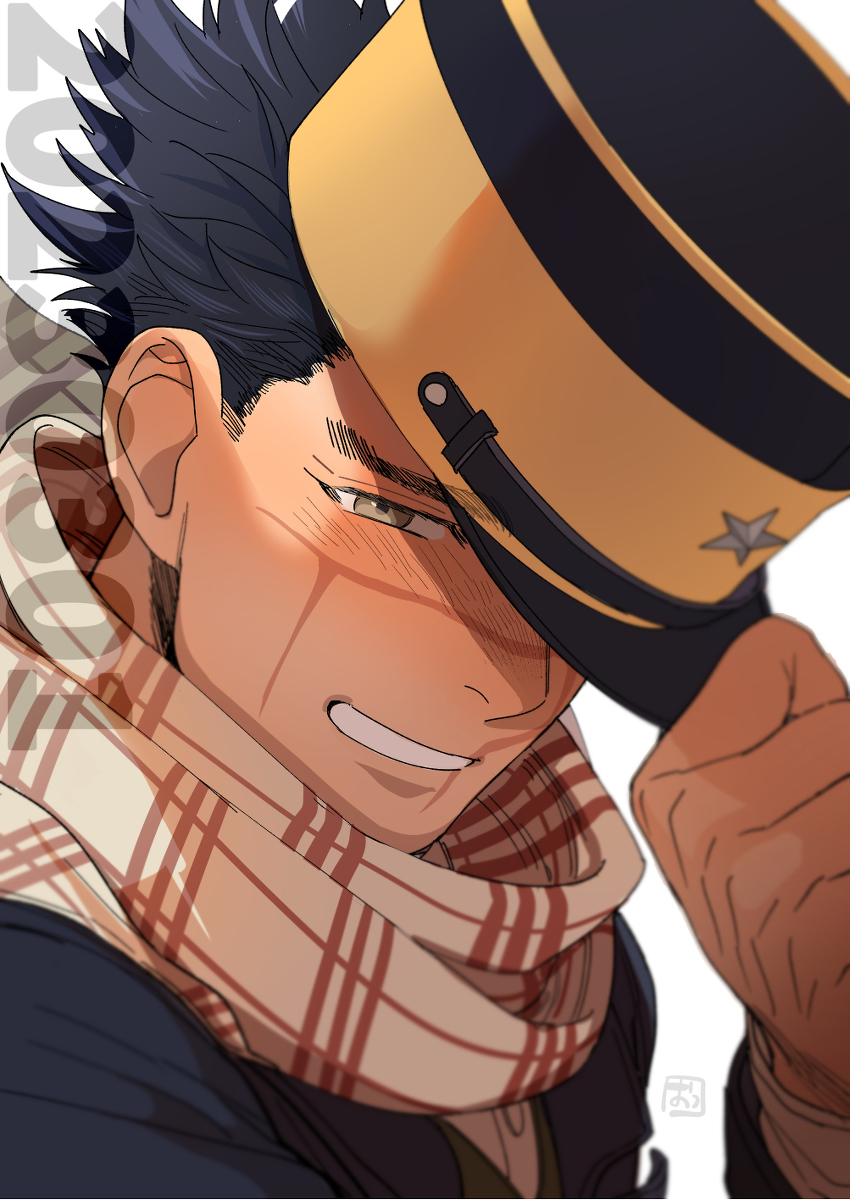 1boy birthday blush golden_kamuy half-closed_eyes hat hat_over_one_eye highres holding holding_clothes holding_hat looking_at_viewer male_focus onnomono portrait scar scar_on_cheek scar_on_face scar_on_nose short_hair smile solo spiky_hair sugimoto_saichi