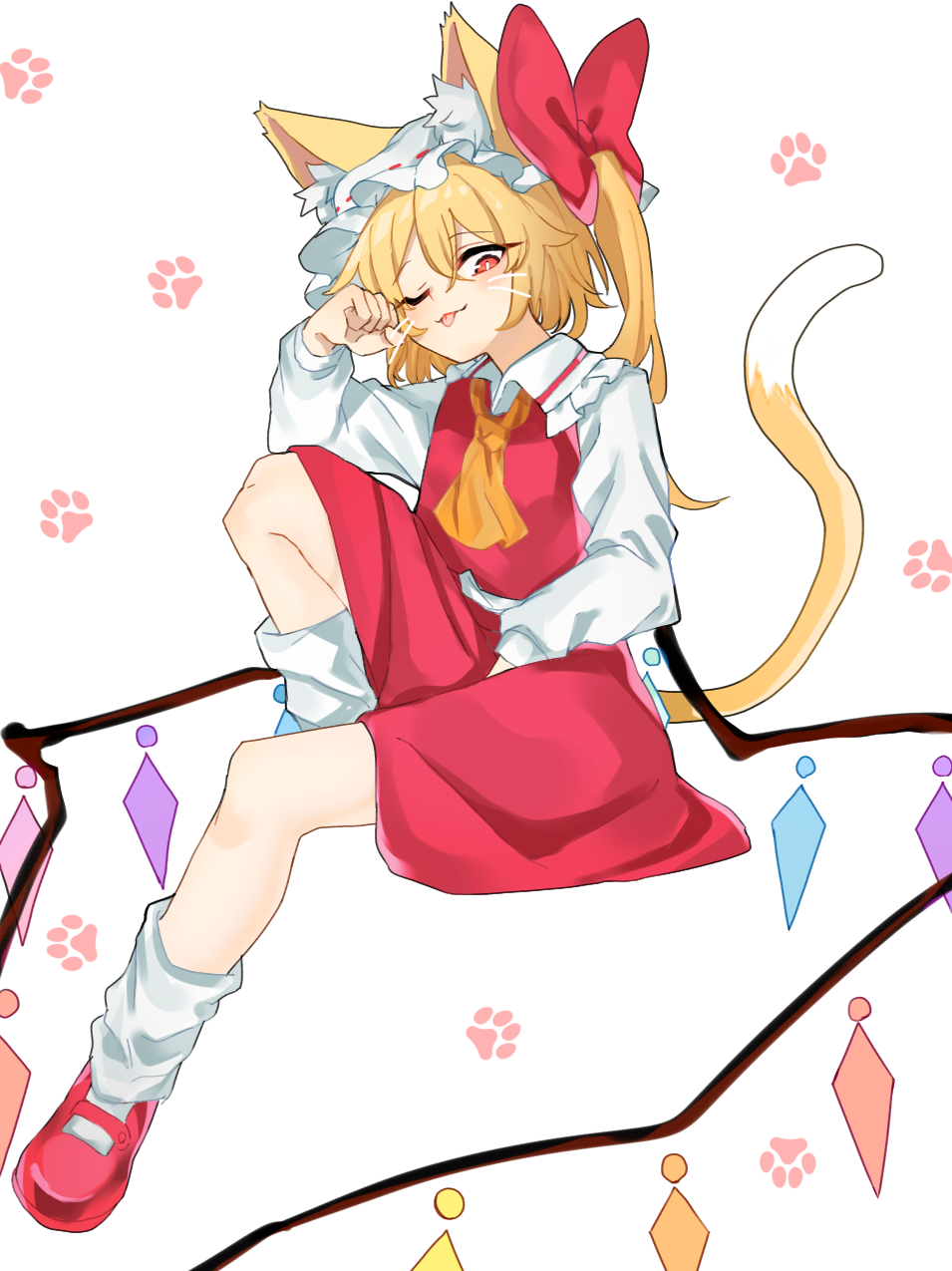 1girl animal_ears ascot blonde_hair cat_ears cat_girl cat_tail crystal_wings dress flandre_scarlet full_body hat hat_ribbon highres koroyarou looking_at_viewer mary_janes medium_hair mob_cap one_eye_closed paw_print paw_print_background red_dress red_eyes red_ribbon ribbon shoes side_ponytail sitting socks solo tail tongue tongue_out touhou yellow_ascot