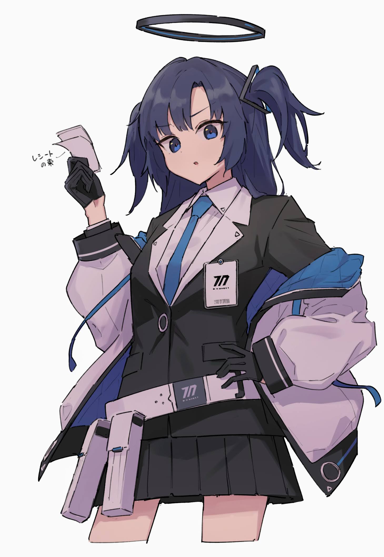 1girl black_gloves black_jacket black_skirt blue_archive blue_eyes blue_necktie collared_shirt cropped_legs gloves half_gloves halo hand_on_own_hip hand_up highres holding holding_paper jacket long_hair long_sleeves looking_at_viewer mikan_battery necktie off_shoulder paper parted_bangs pleated_skirt purple_hair receipt shirt simple_background skirt skirt_suit solo suit two_side_up white_background white_jacket white_shirt yuuka_(blue_archive)