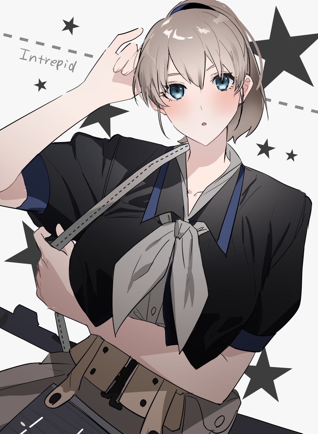 1girl black_shirt blue_eyes bolt_action breasts brown_hair character_name grey_neckerchief gun highres ichimonme_(ichi) intrepid_(kancolle) kantai_collection looking_at_viewer m1903_springfield neckerchief ponytail rifle shirt short_hair short_sleeves simple_background solo upper_body weapon white_background