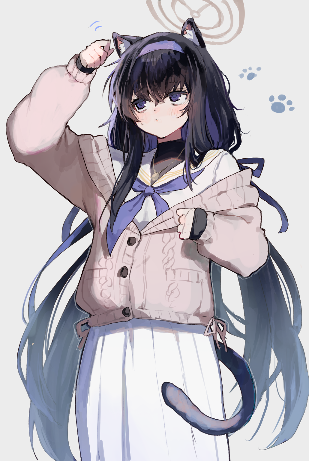 1girl animal_ear_fluff animal_ears black_hair blue_archive blue_eyes blue_hairband blue_neckerchief brown_cardigan brown_halo cardigan cat_ears cat_tail grey_background hair_between_eyes hairband halo highres inusaka jewelry kemonomimi_mode long_hair long_sleeves low_twintails neckerchief necklace paw_print sailor_collar school_uniform simple_background skirt solo tail twintails ui_(blue_archive) very_long_hair white_sailor_collar white_skirt