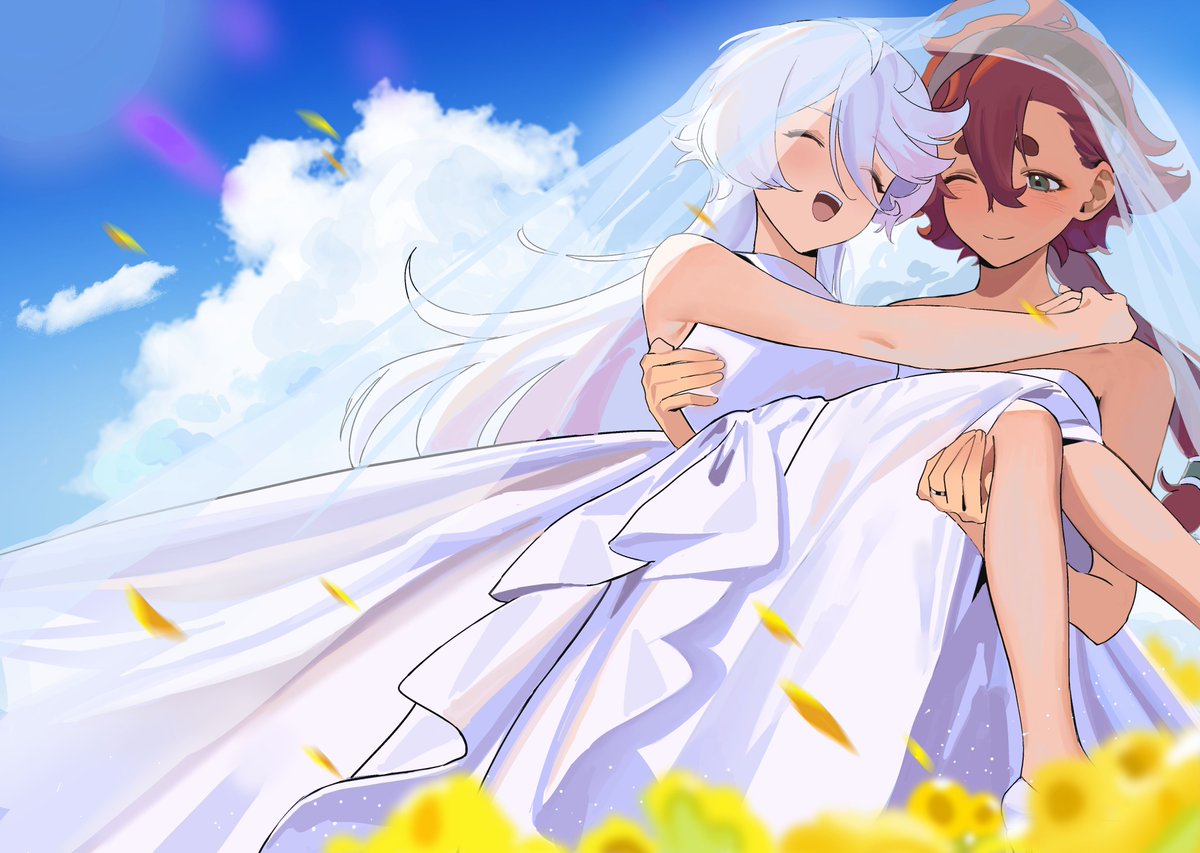 2girls ahoge blue_sky bridal_veil carrying closed_eyes clouds couple day dress flower green_eyes gundam gundam_suisei_no_majo hairband happy jewelry jia_ma lens_flare long_hair miorine_rembran multiple_girls one_eye_closed open_mouth outdoors petals princess_carry redhead ring sky smile suletta_mercury sunflower thick_eyebrows veil wedding_dress wedding_ring white_hair wife_and_wife yuri