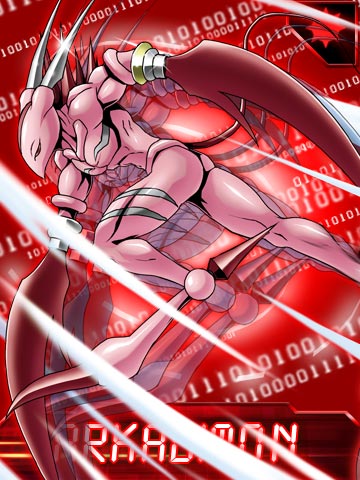 arkadimon_child attack claws colored_skin digimon horns lowres monster muscular official_art pink_skin red_eyes spikes tail