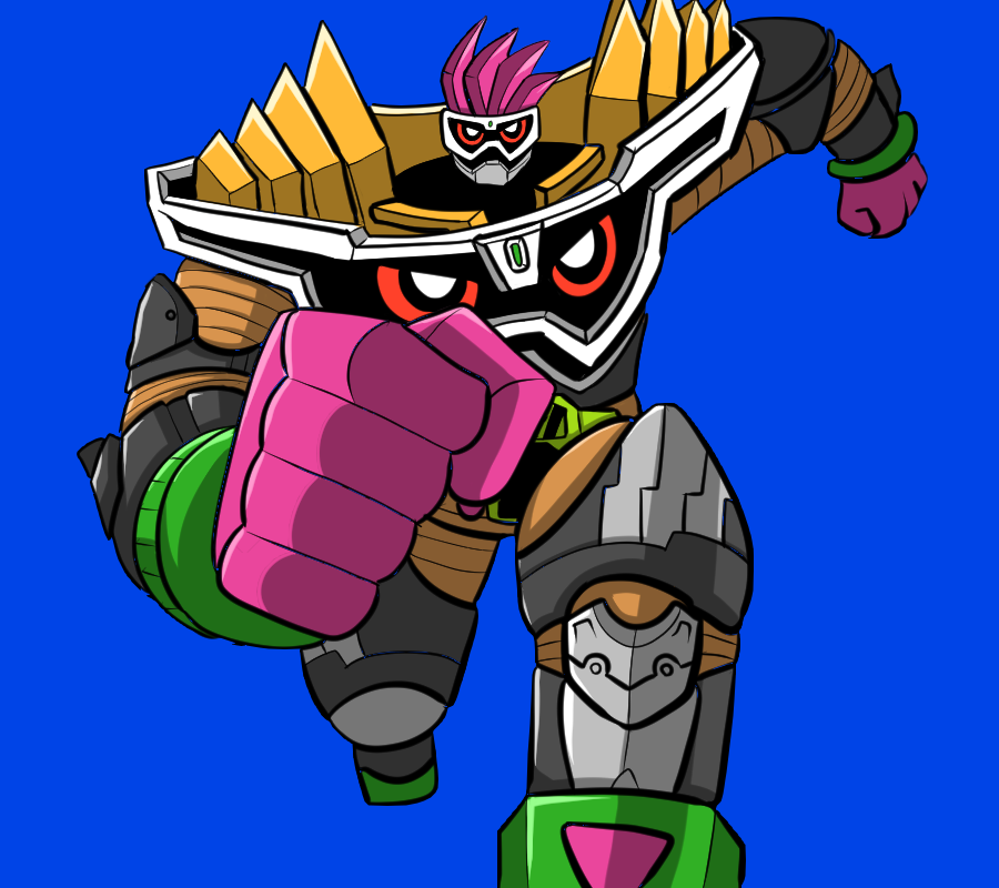 1boy 1jumangoku armor blue_background clenched_hands commentary_request foot_out_of_frame kamen_rider kamen_rider_ex-aid kamen_rider_ex-aid_(series) male_focus maximum_mighty_x_level_99 meme power_armor red_eyes running_ganger_(meme) running_towards_viewer simple_background solo