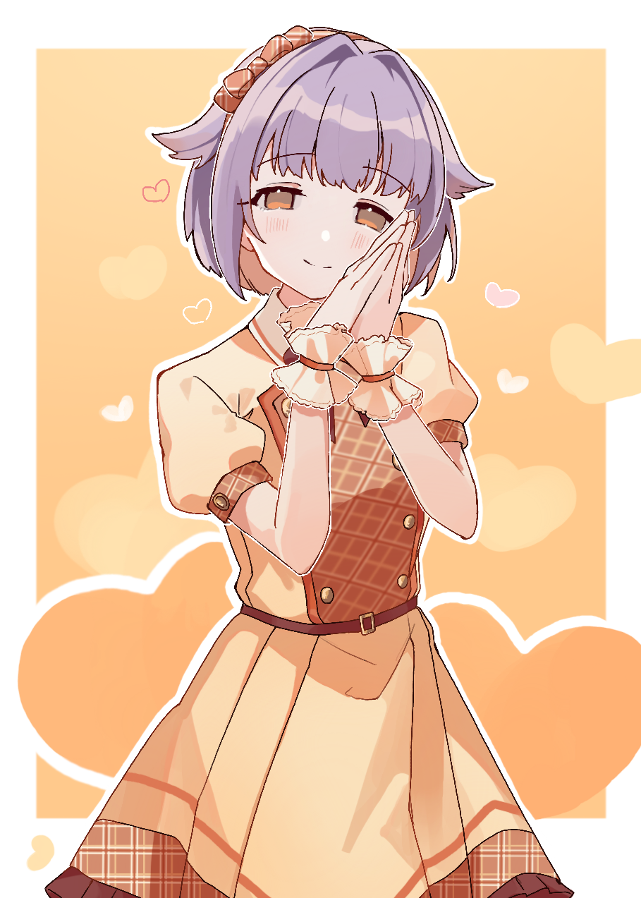 1girl blush border buttons closed_mouth cowboy_shot double-breasted dress hairband hands_up heart highres idolmaster idolmaster_cinderella_girls koshimizu_sachiko looking_at_viewer orange_background orange_dress orange_eyes orange_hairband outline own_hands_together palms_together purple_hair rco_as short_hair short_sleeves smile solo white_border white_outline wrist_cuffs