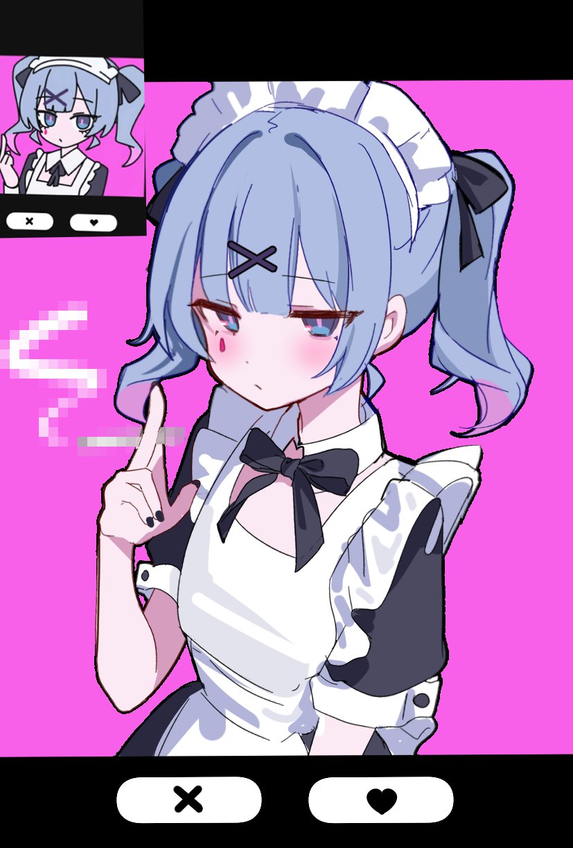 1girl apron black_bow black_dress black_ribbon blue_eyes blue_hair blush bow censored cigarette commentary dress hair_ornament hair_ribbon hatsune_miku highres holding holding_cigarette long_hair looking_at_viewer maid maid_headdress rabbit_hole_(vocaloid) ribbon short_sleeves smoke solo symbol-only_commentary teardrop_facial_mark twintails vocaloid white_apron whitebc x_hair_ornament