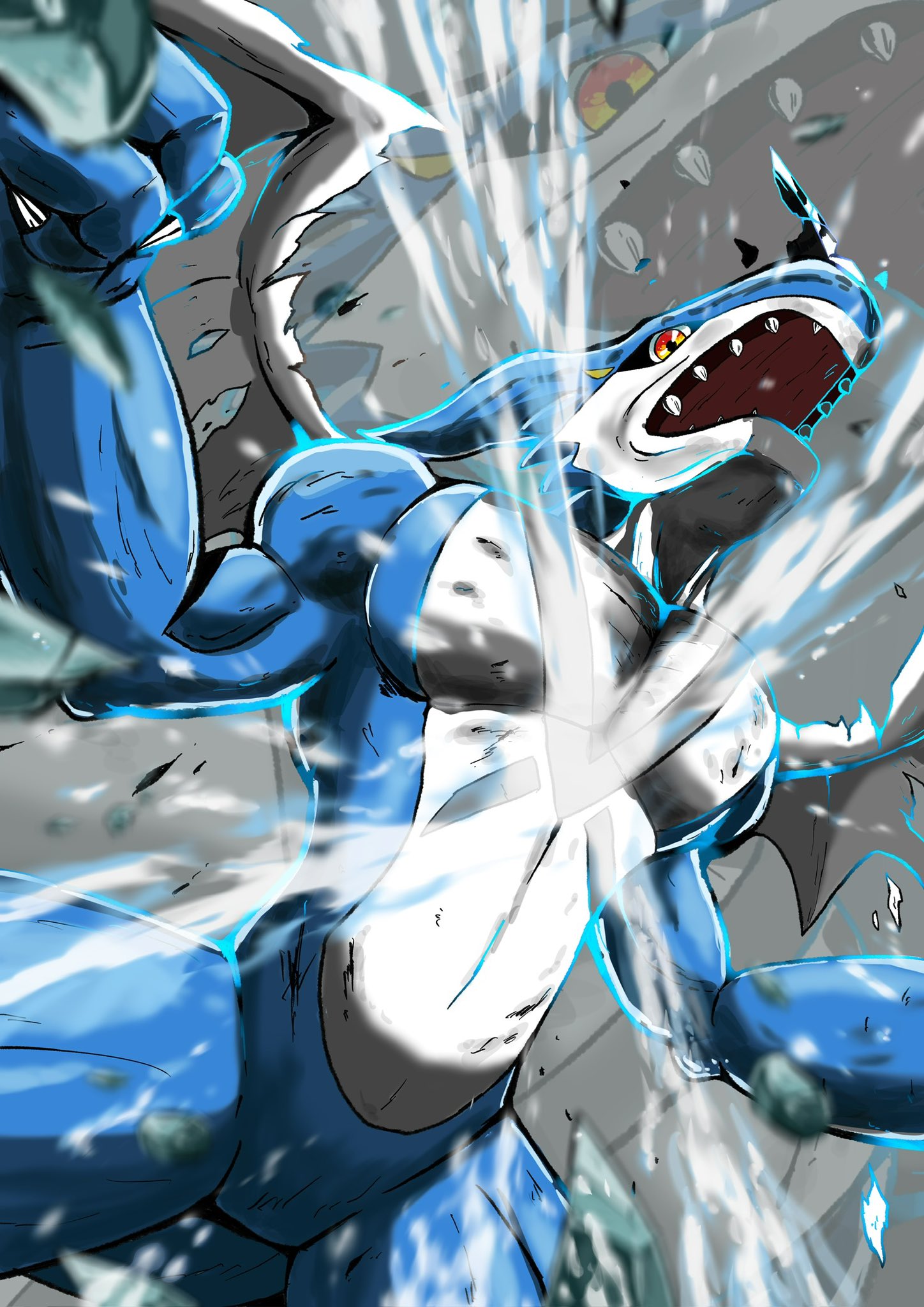 attack blue_skin brown_eyes clenched_hand colored_skin commentary_request digimon digimon_(creature) dragon highres horns looking_at_viewer sawa_d sharp_teeth single_horn tail teeth torn_wings white_skin white_wings wings xv-mon zoom_layer