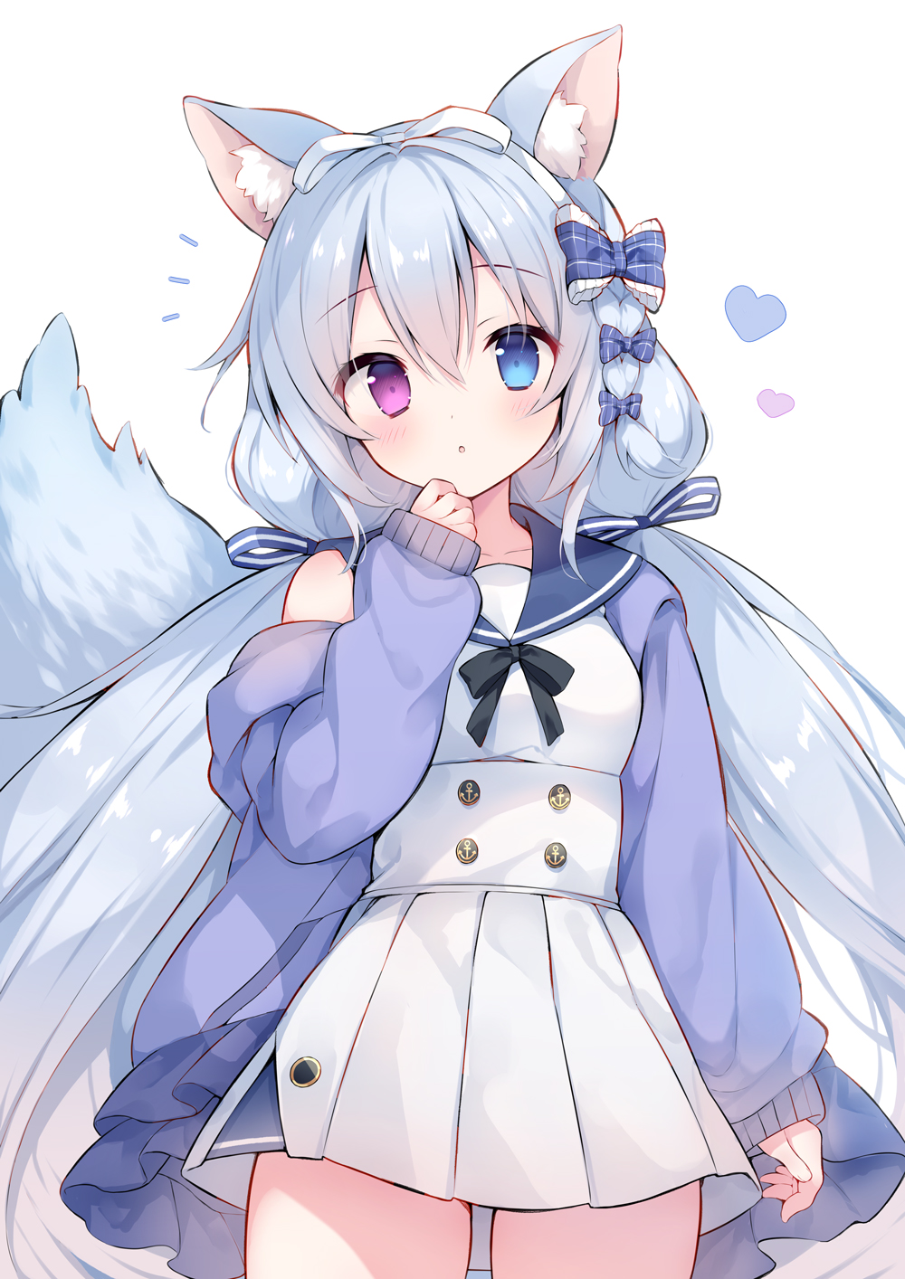 1girl :o animal_ear_fluff animal_ears bare_shoulders black_bow blue_bow blue_eyes blue_jacket blue_sailor_collar blush bow breasts collarbone commentary_request commission grey_hair hair_between_eyes hair_bow hair_ribbon hairband hand_up heart heterochromia highres izuminanase jacket long_hair long_sleeves looking_at_viewer low_twintails notice_lines off_shoulder open_clothes open_jacket original parted_lips pleated_skirt puffy_long_sleeves puffy_sleeves ribbon sailor_collar shirt simple_background skeb_commission skirt sleeveless sleeveless_shirt sleeves_past_wrists small_breasts solo standing tail twintails very_long_hair violet_eyes white_background white_hairband white_ribbon white_shirt white_skirt