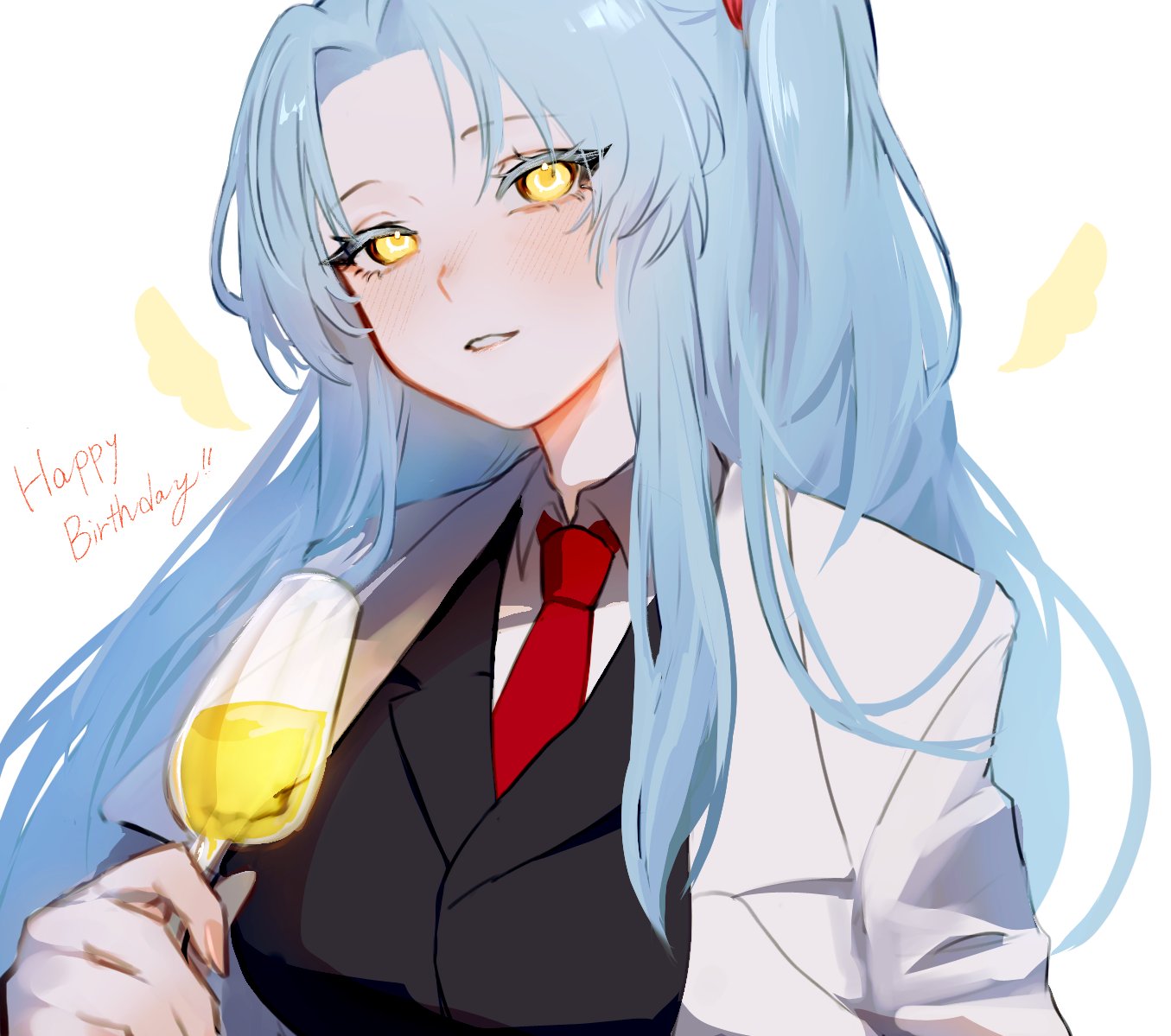 1girl alcohol angela_(project_moon) black_vest blue_hair champagne champagne_flute coat cup drinking_glass lab_coat lobotomy_corporation long_hair looking_at_viewer moth_ram necktie one_side_up parted_bangs parted_lips project_moon red_necktie sailor_collar shirt sidelocks simple_background solo upper_body very_long_hair vest white_background white_coat white_shirt wing_collar yellow_eyes