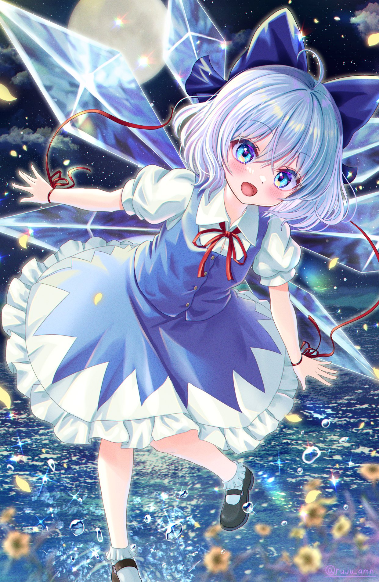 1girl black_footwear blue_dress blue_eyes blue_hair blurry blurry_background bow cirno commentary_request detached_wings dress full_body full_moon hair_bow highres ice ice_wings looking_at_viewer moon rouge_(my_rouge) short_hair socks solo touhou white_socks wings