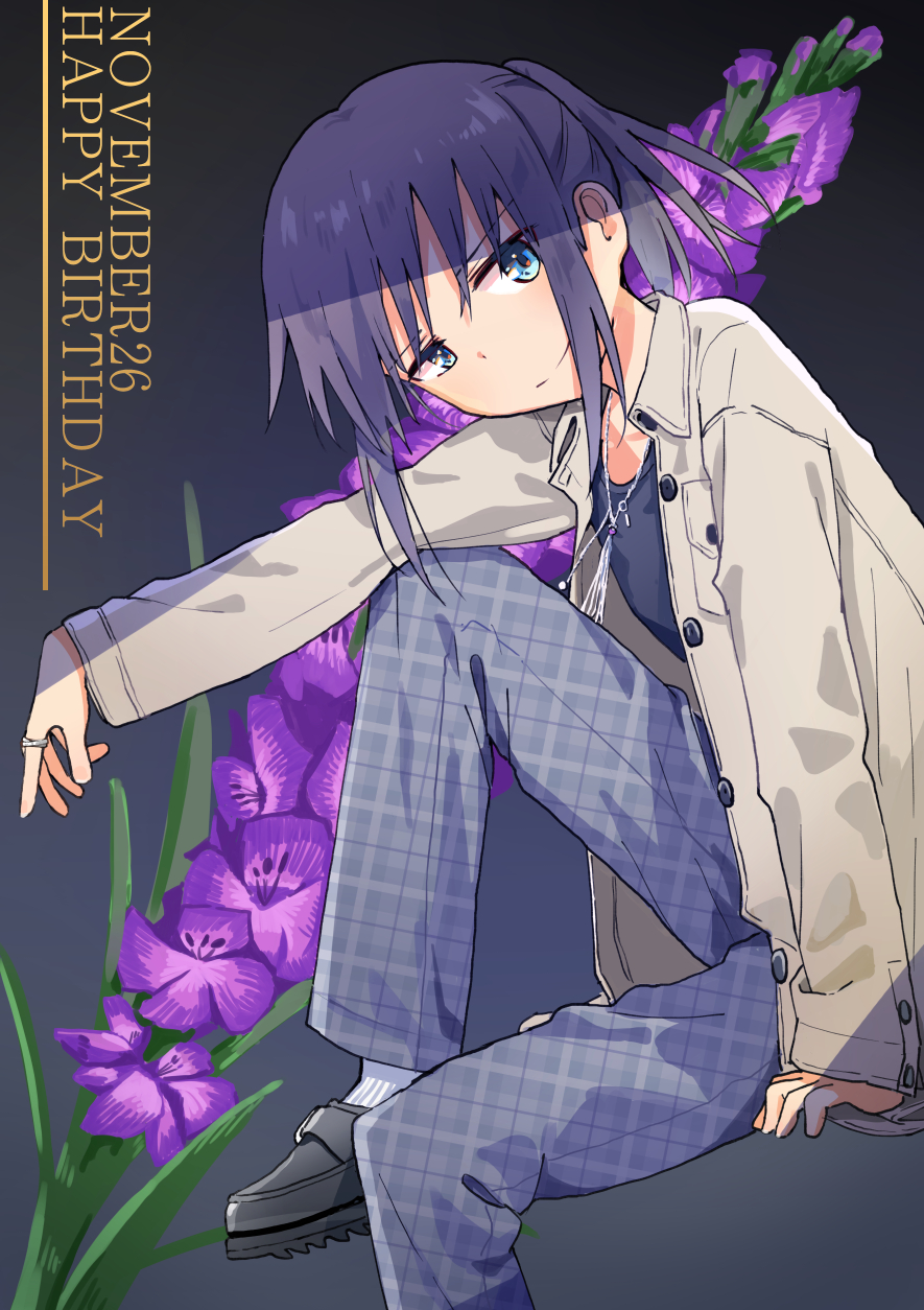 1girl black_background black_footwear black_hair blue_eyes breast_pocket buttons character_request closed_mouth dated english_text flower grey_pants happy_birthday highres horoda_(user_wfaw4827) invisible_chair jacket jewelry knee_up lavender_(flower) light_smile long_sleeves looking_at_viewer matazoro. medium_hair pants plaid plaid_pants pocket ponytail purple_flower ring shoes sitting socks solo white_jacket white_socks