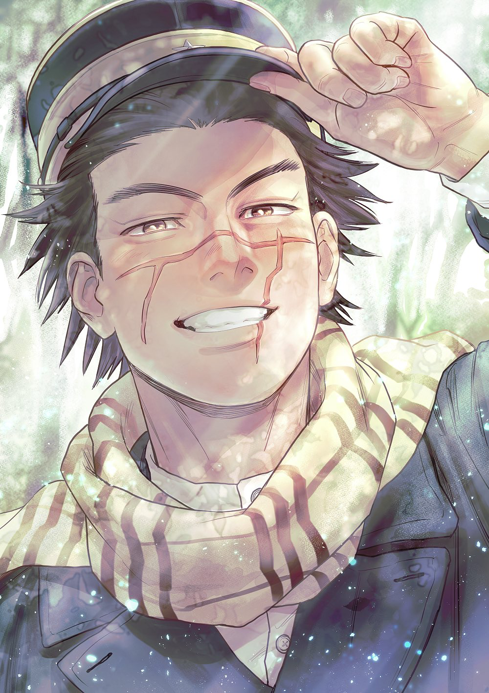 1boy birthday forest ganpiro golden_kamuy grin hat highres holding holding_clothes holding_hat kepi light_particles looking_at_viewer male_focus military_hat nature scar scar_on_cheek scar_on_face scar_on_nose scarf short_hair smile solo sugimoto_saichi sunlight upper_body