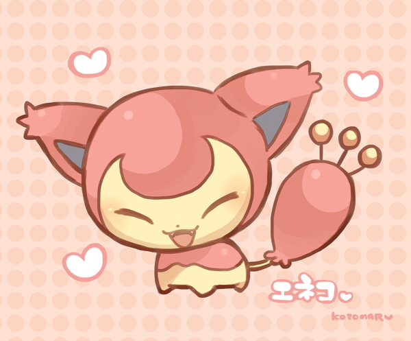 animal_focus closed_eyes dot-nose fangs happy heart kotorai no_humans open_mouth pink_background pokemon pokemon_(creature) polka_dot polka_dot_background signature skitty solo translation_request
