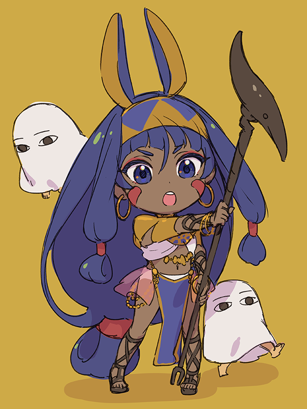 1girl :o animal_ears chibi dark-skinned_female dark_skin earrings egyptian_clothes facial_mark fake_animal_ears fate/grand_order fate_(series) gladiator_sandals hairband holding holding_staff holding_weapon hoop_earrings isshoku_(shiki) jackal_ears jewelry looking_at_viewer medjed_(fate) mini_person minigirl nitocris_(fate) pelvic_curtain sandals simple_background staff teeth upper_teeth_only violet_eyes weapon yellow_background yellow_hairband