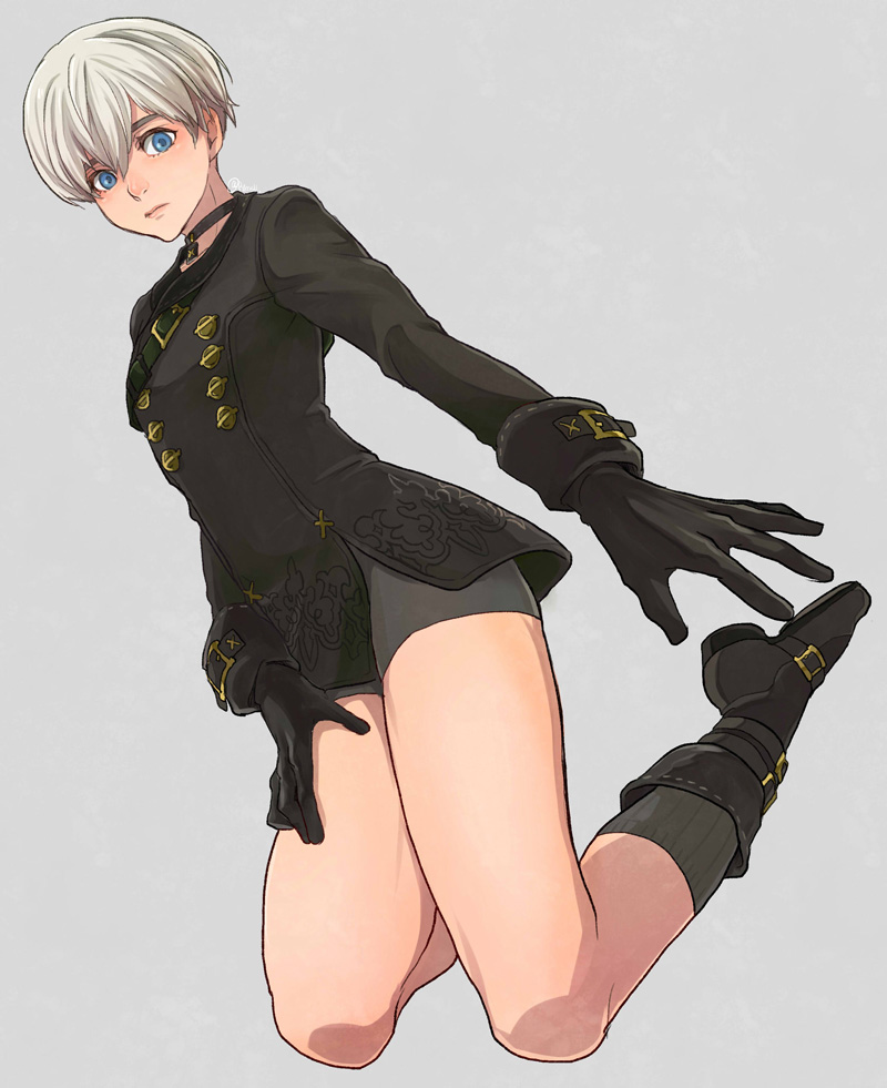 1boy 9s_(nier:automata) bishounen black_choker black_coat black_gloves blue_eyes choker closed_mouth coat from_below full_body gloves grey_background kneeling male_focus nier:automata nier_(series) payu_(pyms11) shoes shorts simple_background socks solo thighs white_hair