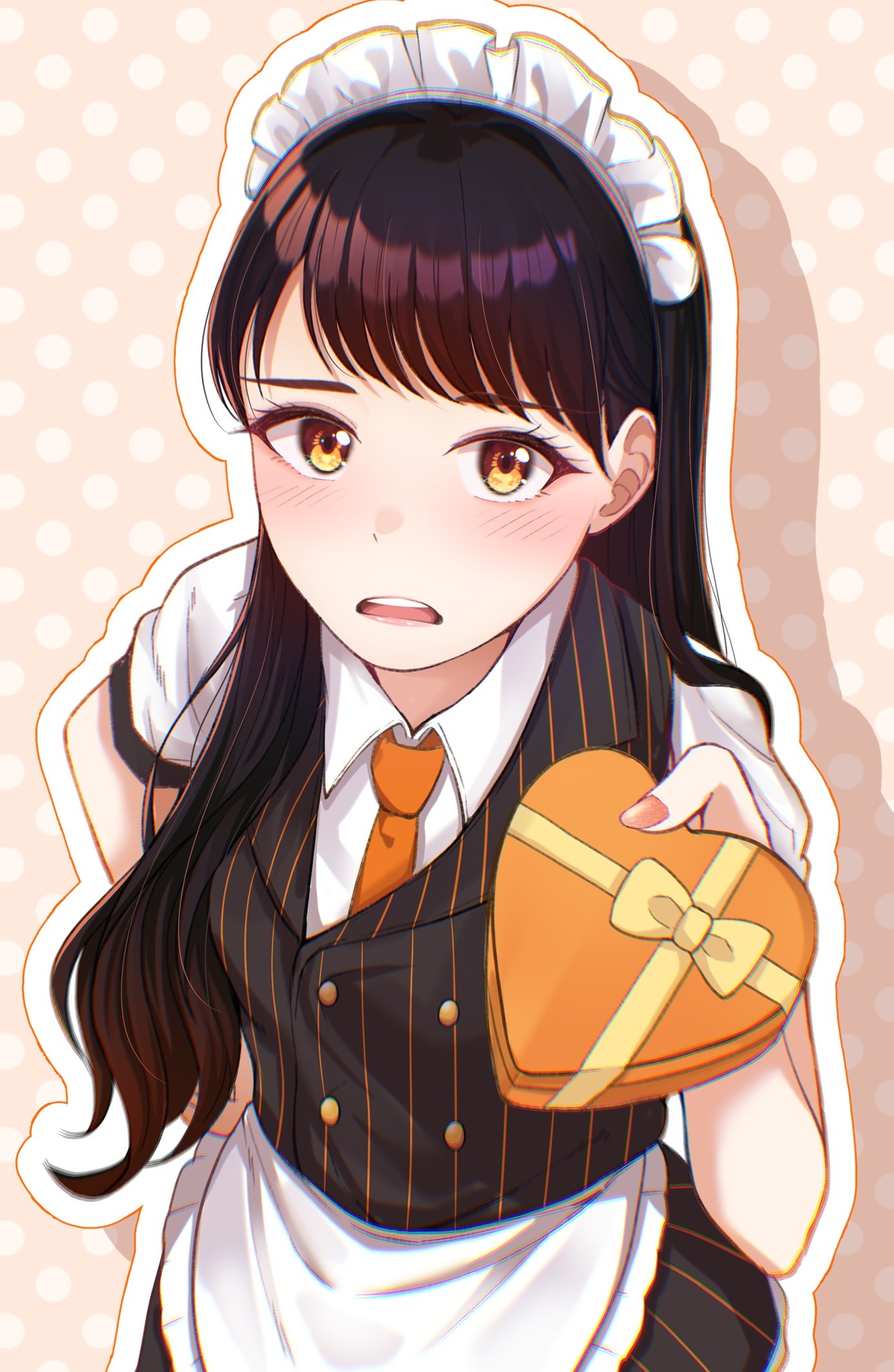 1girl apron black_hair blush box buttons collared_shirt commentary_request double-breasted gift gift_box hand_on_own_hip heart-shaped_box highres holding holding_gift kubota_miyu long_hair looking_at_viewer maid_headdress necktie open_mouth orange_necktie outline polka_dot polka_dot_background real_life rrtp shirt short_sleeves solo standing swept_bangs teeth upper_body upper_teeth_only voice_actor white_apron white_outline white_shirt yellow_eyes