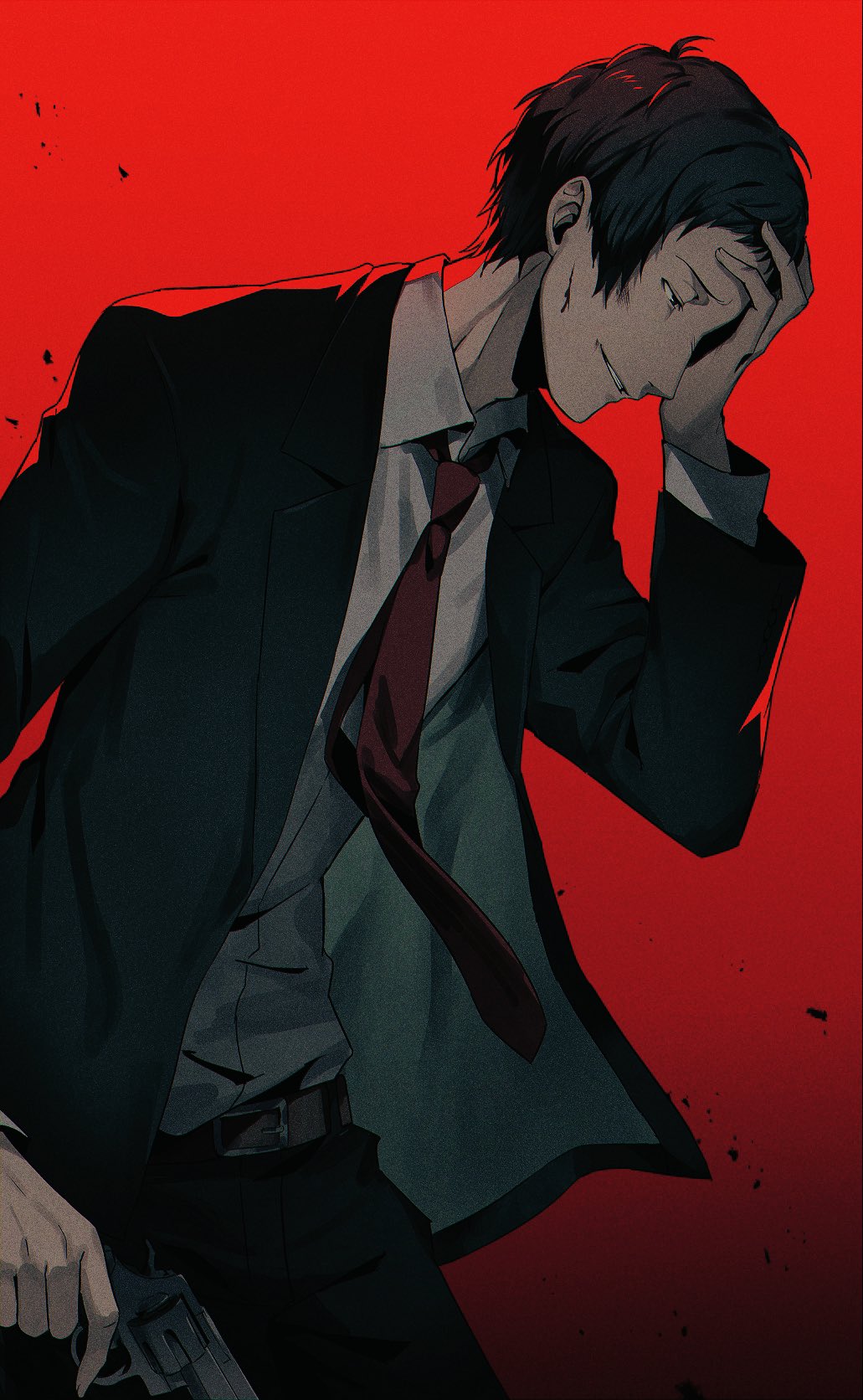 1boy adachi_tooru arm_at_side black_hair black_jacket collared_shirt commentary_request cowboy_shot dark dress_shirt film_grain from_side grin gun half-closed_eyes hand_on_own_head hand_up handgun highres holding holding_gun holding_weapon jacket leaning_forward looking_down necktie open_clothes open_jacket persona persona_4 profile red_background red_necktie shirt short_hair simple_background smile smirk solo weapon white_shirt yoshino_saku